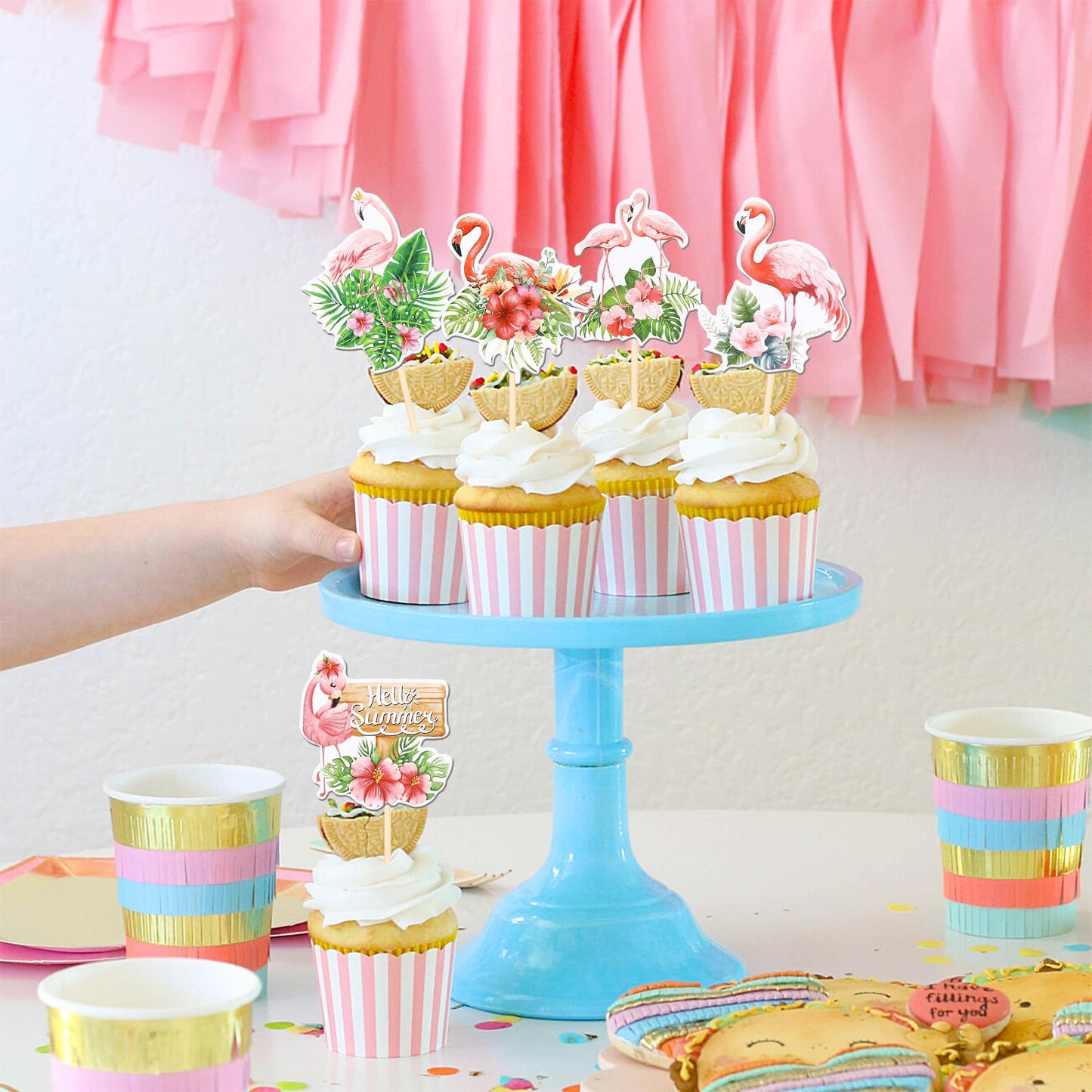 30 Pcs Flamingo Cupcake Toppers Double Sided Flower Tropical Aloha Luau Picks Hello Summer Cake Decorations For Hawaii Theme Bab