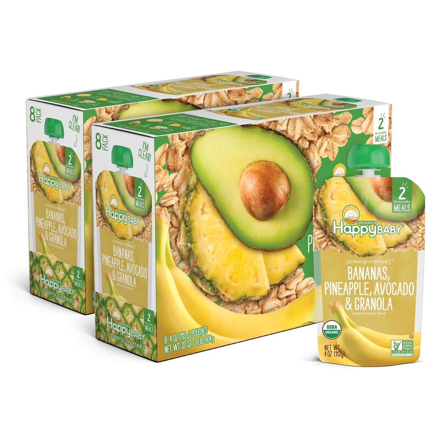 Happy Baby Organics Clearly Crafted Stage 2 Baby Food Bananas, Pineapples, Avocado & Granola, 4 Ounce Pouch (Pack Of 16) (Packaging May Vary)