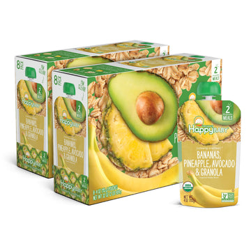 Happy Baby Organics Clearly Crafted Stage 2 Baby Food Bananas, Pineapples, Avocado & Granola, 4 Ounce Pouch (Pack Of 16) (Packaging May Vary)