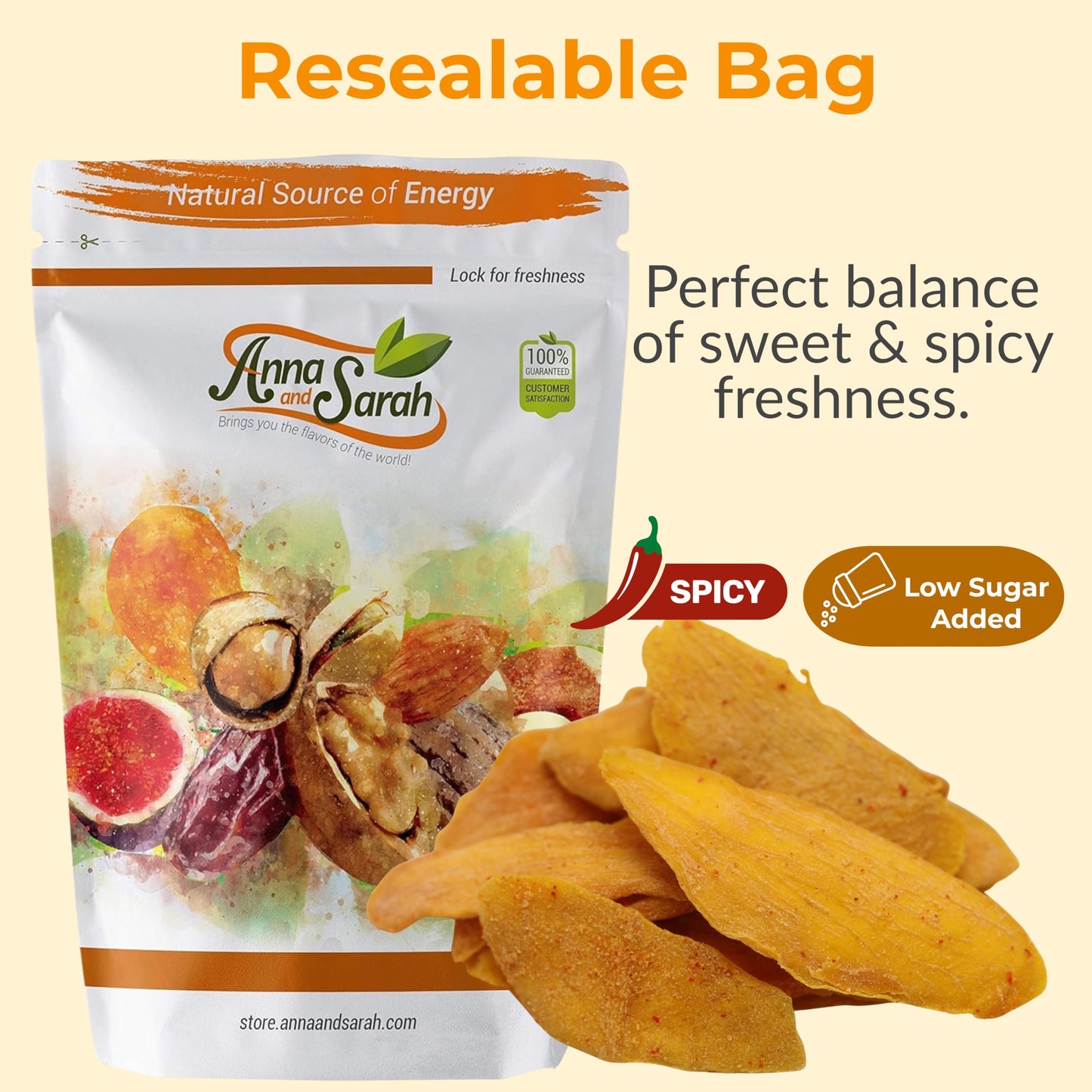 Low Sugar Added SPICY Dried Mango Slices 16 Oz - Delicious Texture Soft & Juicy Low Sugar Added Dried Mango - Naturally Ripened