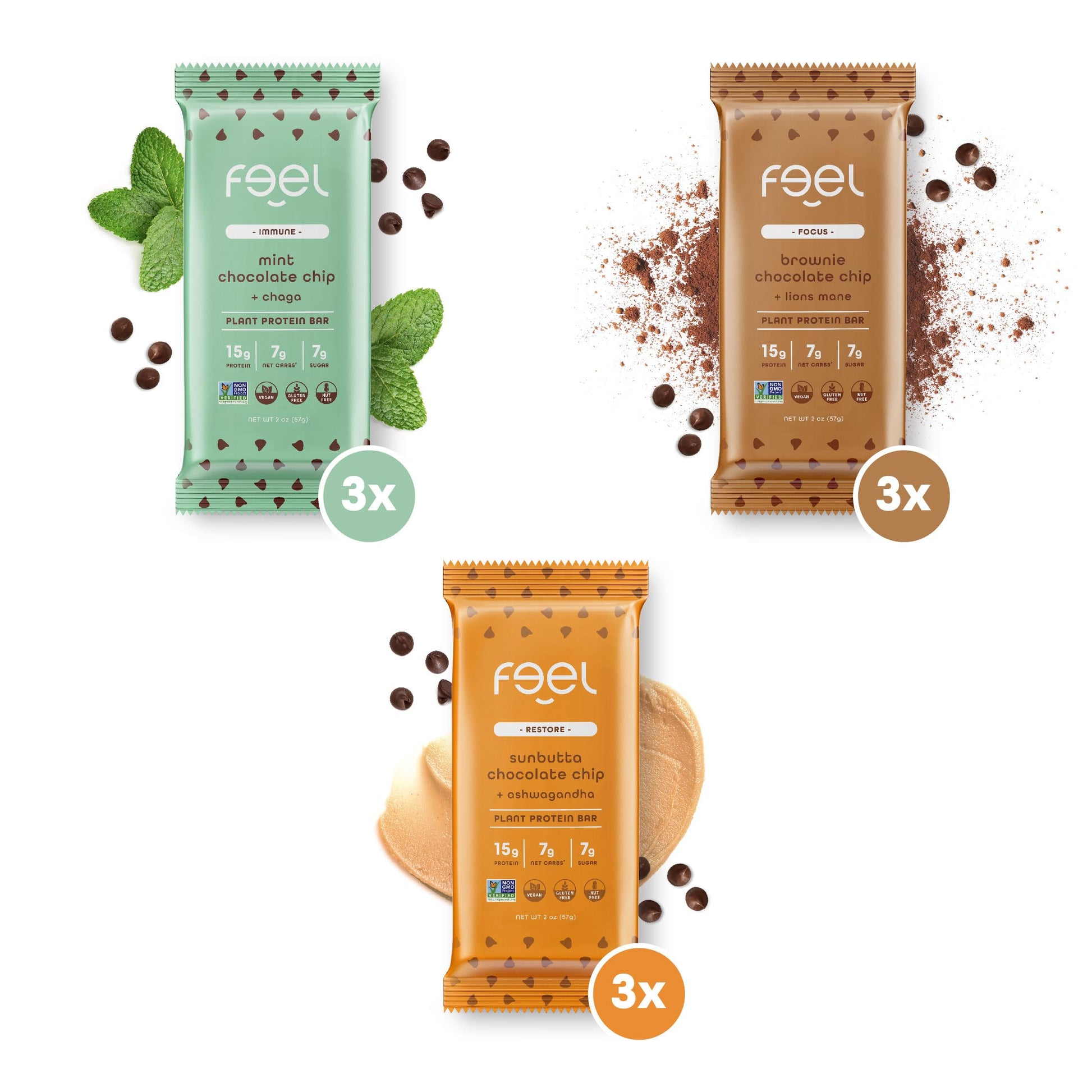 Feel Vegan Protein Bars  Chocolate Lovers  Keto  Gluten Free  Organic  Lions Mane  Chaga  Ashwagandha  15G Plant Protein  Low Ca