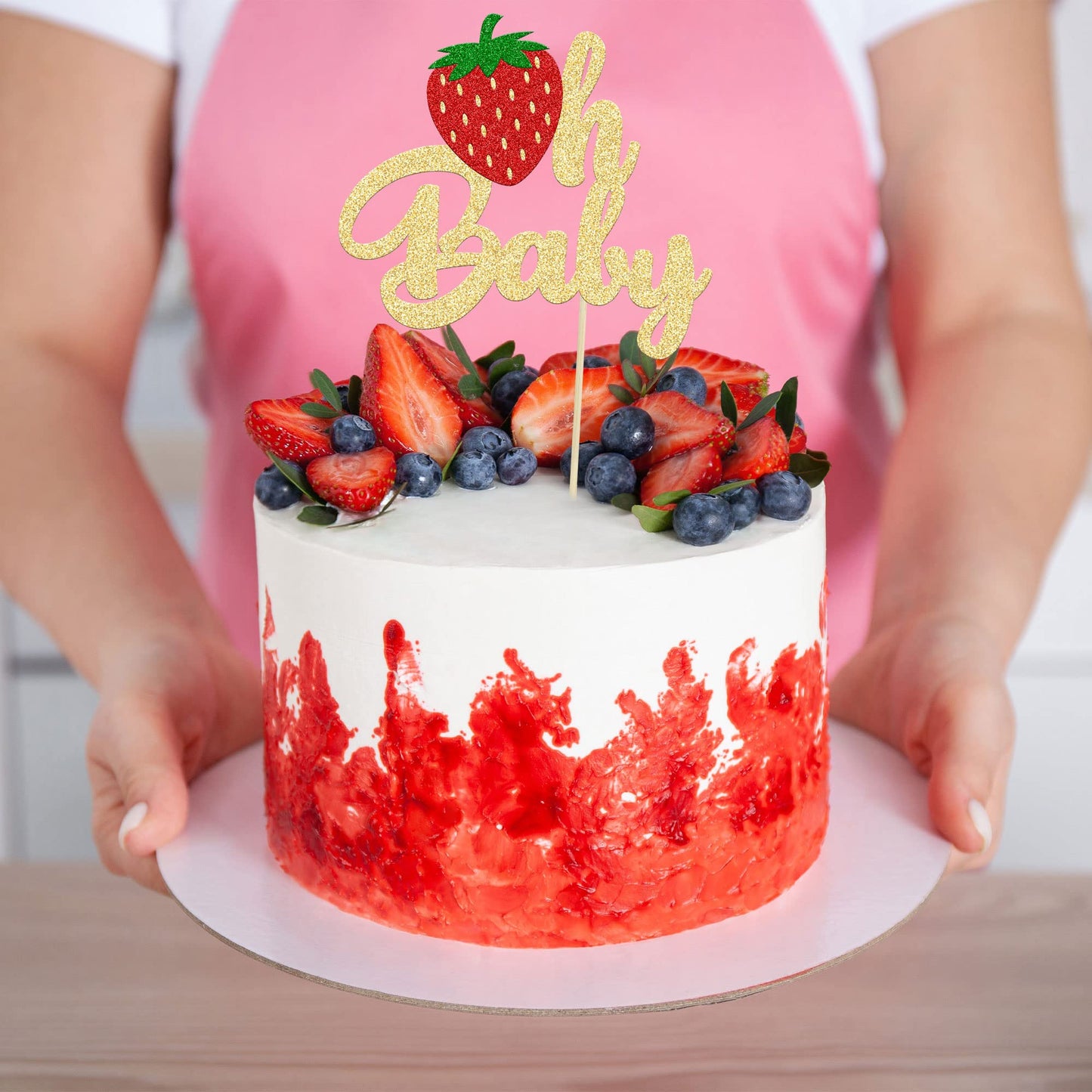 1Pc Strawberry Oh Baby Cake Topper Glitter Fruit Theme Babyshower Strawberry Cake Decoration For Gender Reveal Baby Shower Kids