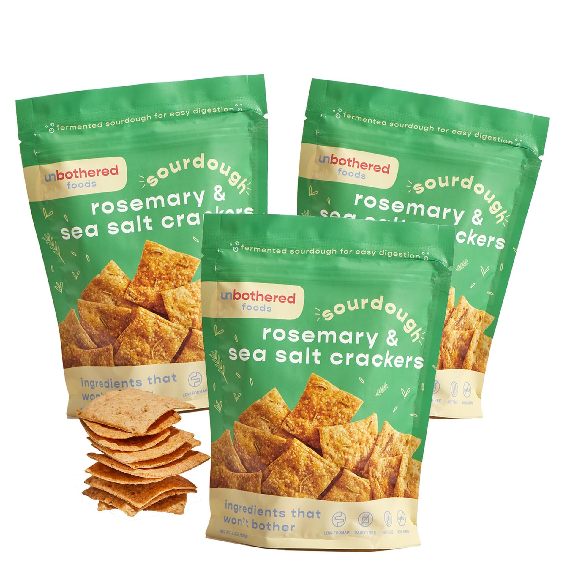 Unbothered Foods Rosemary & Sea Salt Sourdough Crackers - Gut-Friendly & Easy to Digest, Non-GMO, No Added Sugar, Nut-Free, Perf