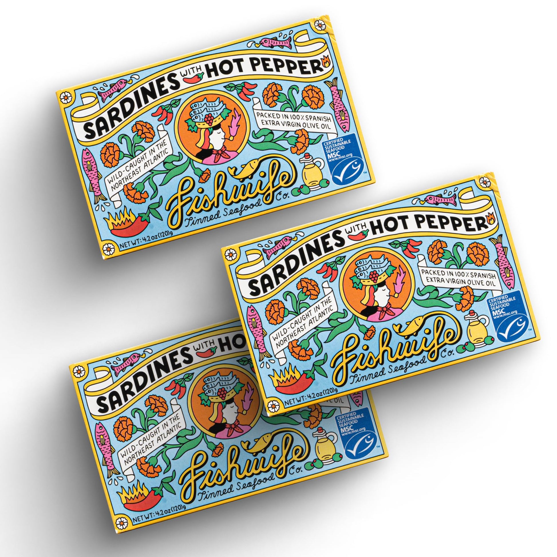 Fishwife Sardines with Hot Pepper 3-Pack (4.20 Ounce) | Wild-Caught & Hand-Packed with Spanish Extra Virgin Olive Oil | MSC-Cert
