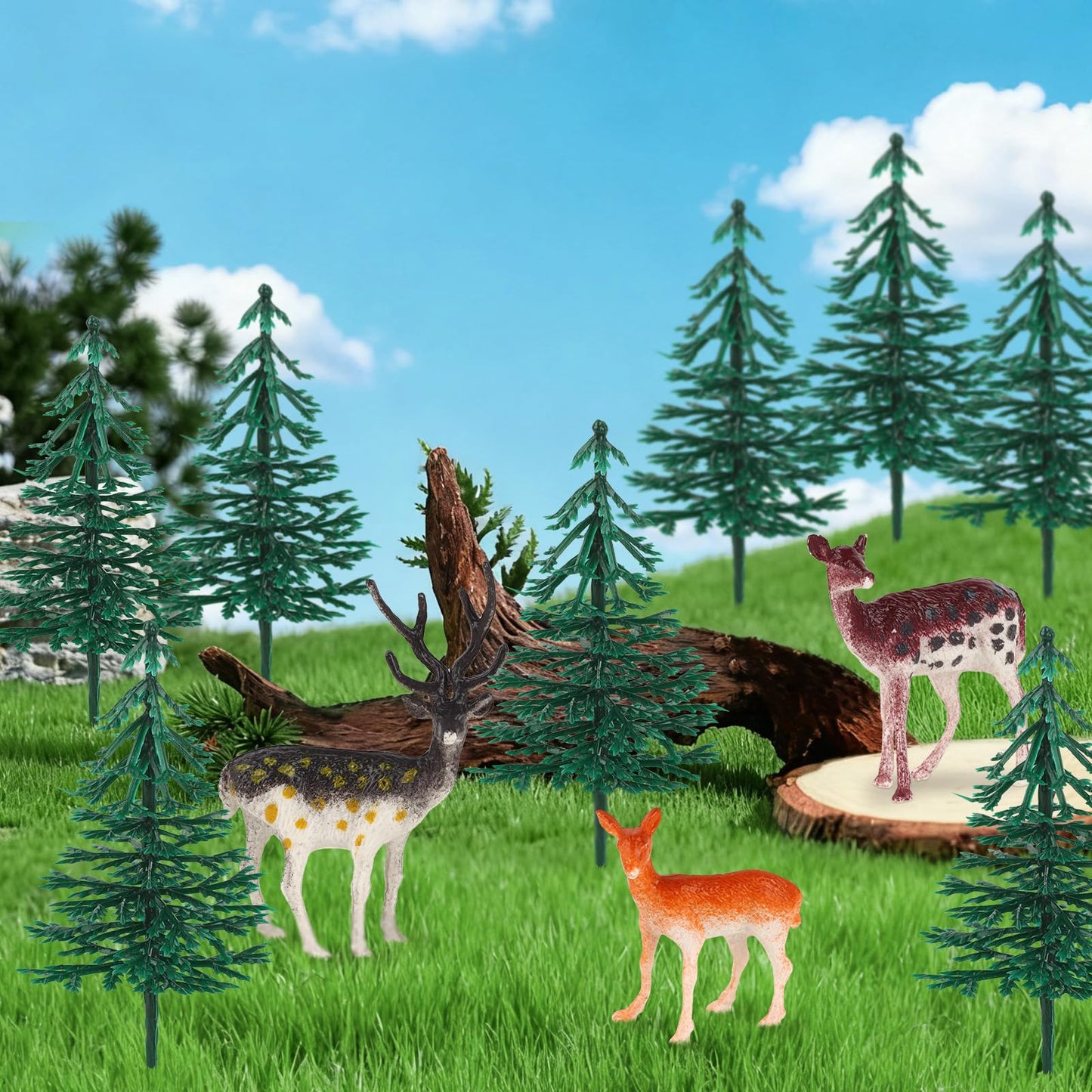 Hooqict 15Pcs Deer Christmas Tree Cake Topper With Tree Deer Figurines Hunting Cake Decorations For Winter Forest Woodland Birthday Party Supplies Animals Christmas Decorations