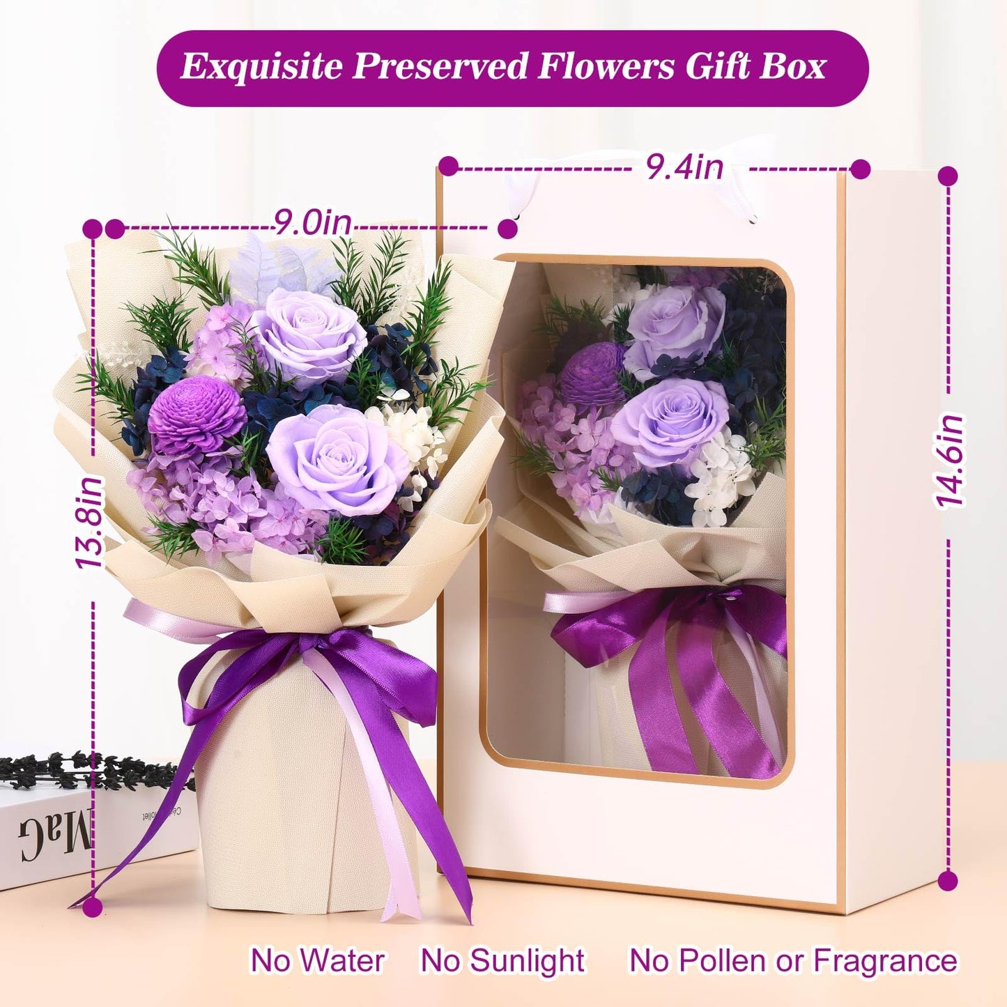 Jtoder Forever Flowers For Delivery Prime, Preserved Long Lasting Blue Purple Flower Bouquet For Mom Wife Girlfriend On Mothers