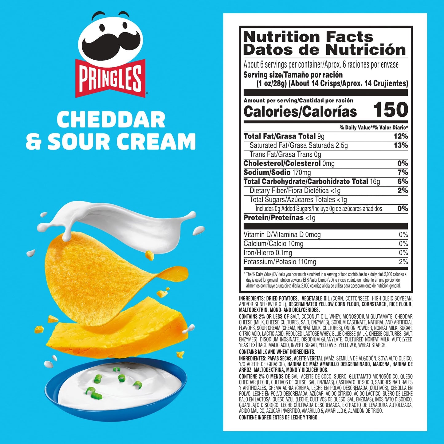 Pringles Cheddar & Sour Cream Potato Crisps, 158 G, Ligth Blue, Medium (3800013895)