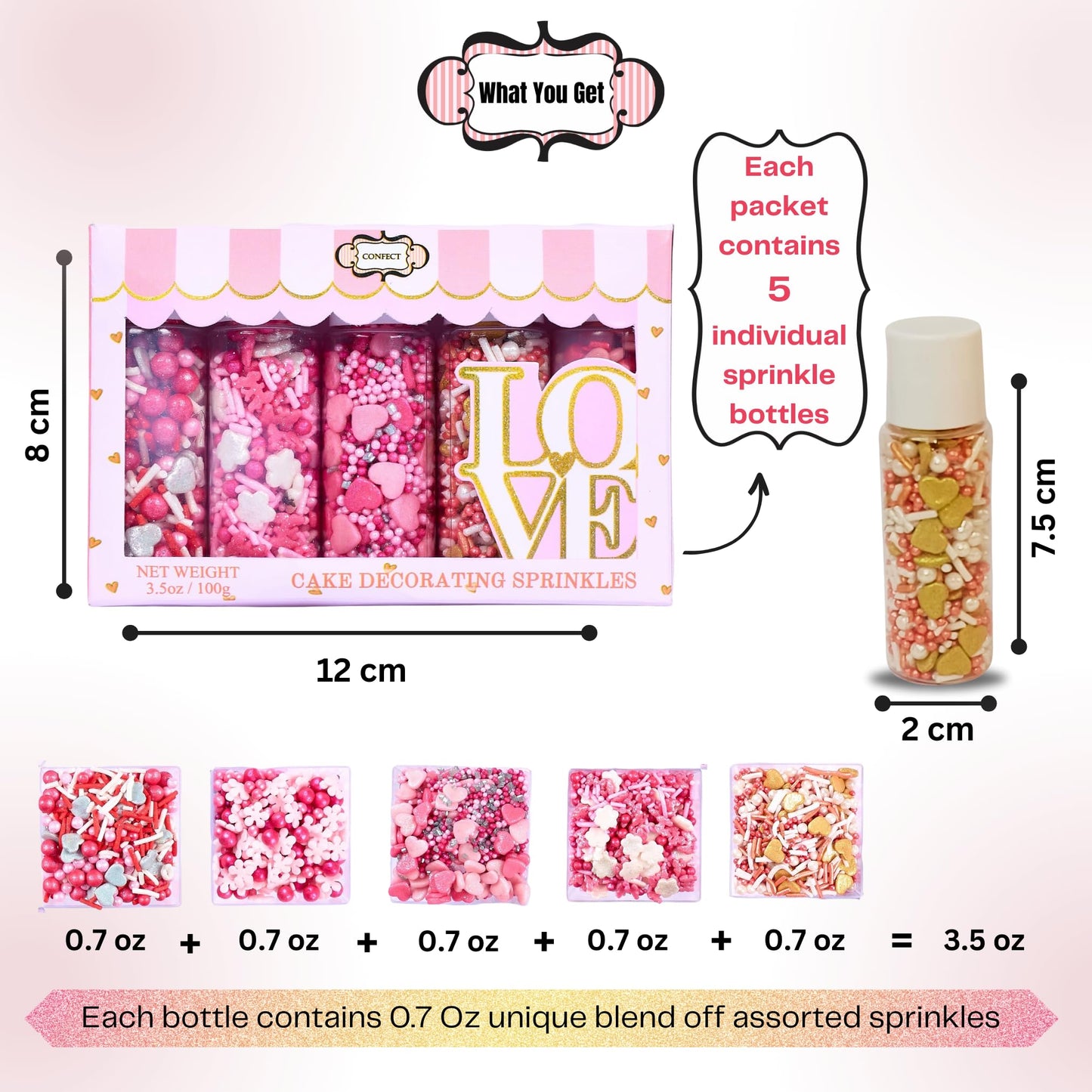 Pretty In Pink, Gold & White Pearl Sprinkles Mix - Edible Heart Sprinkles For Cakes, Cupcakes, Cookies - Spring, Birthday & Baki