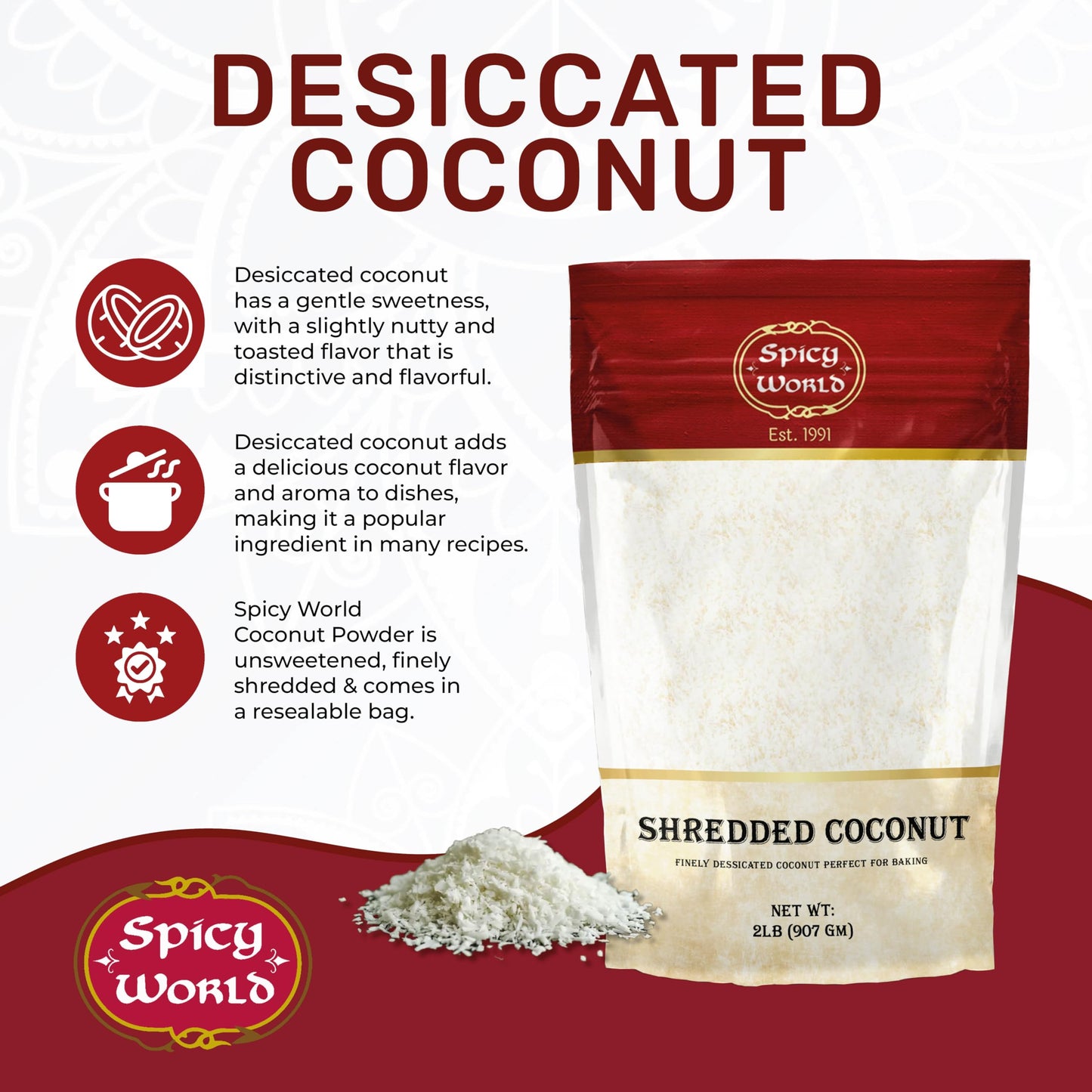 Spicy World Shredded Coconut Powder, Unsweetened, 1.5 Pound Bulk Bag, Finely Shredded, Great for Baking and Smoothies