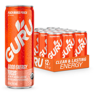GURU Peach Mango Punch Organic Energy Drink, Plant Based Caffeine, Vegan, Gluten Free, 12oz, Pack of 12