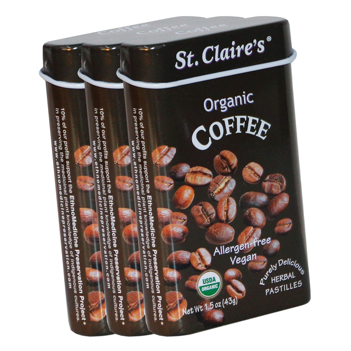 St. Claire'S Organic Herbal Pastilles, (Coffee, 1.5 Ounce Tin, Bundle Of 3) | Gluten-Free, Vegan, Gmo-Free, Plant-Based, Allerge