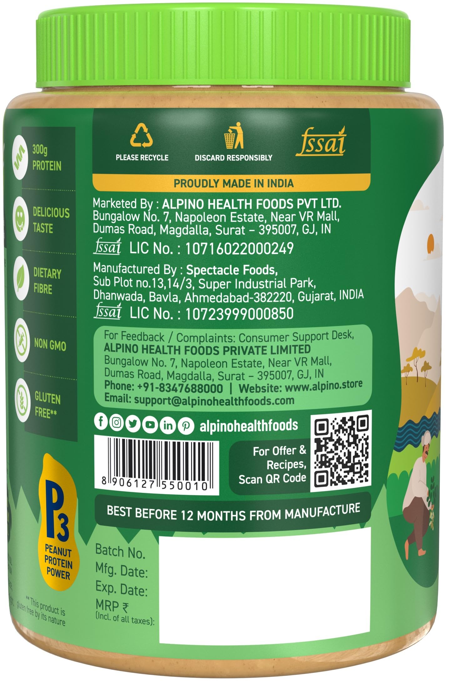 Alpino Natural Peanut Butter Crunch 1Kg - 100% Roasted Peanuts - 30G Protein, No Added Sugar & Salt, Non-Gmo, Gluten Free, Vegan