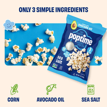 Poptime Kettle Cooked Popcorn Snacks - Sea Salt - Whole Grain - 1 Oz Bags - 24 Count - Non-GMO, Gluten-Free, Low-Calorie