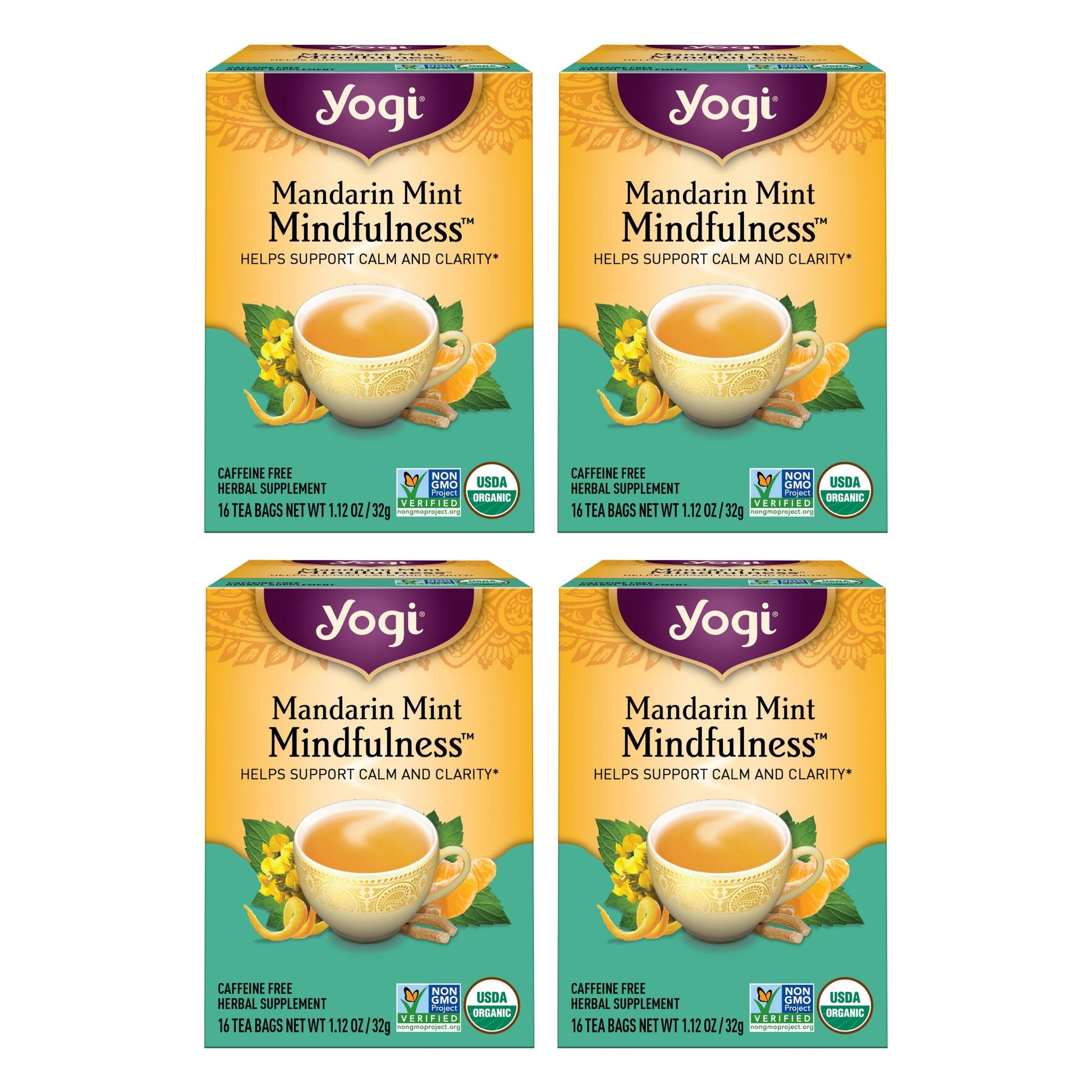 Yogi Tea Mandarin Mint Mindfulness - 16 Tea Bags Per Pack (4 Pack) - Organic Mandarin Mint Tea - Calming Herbal Tea - Includes A