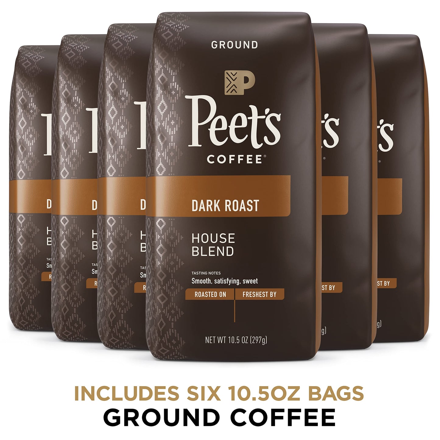 Peet s Coffee, Dark Roast Ground Coffee - House Blend 63 Ounces (Six Bags of 10.5 Ounce)