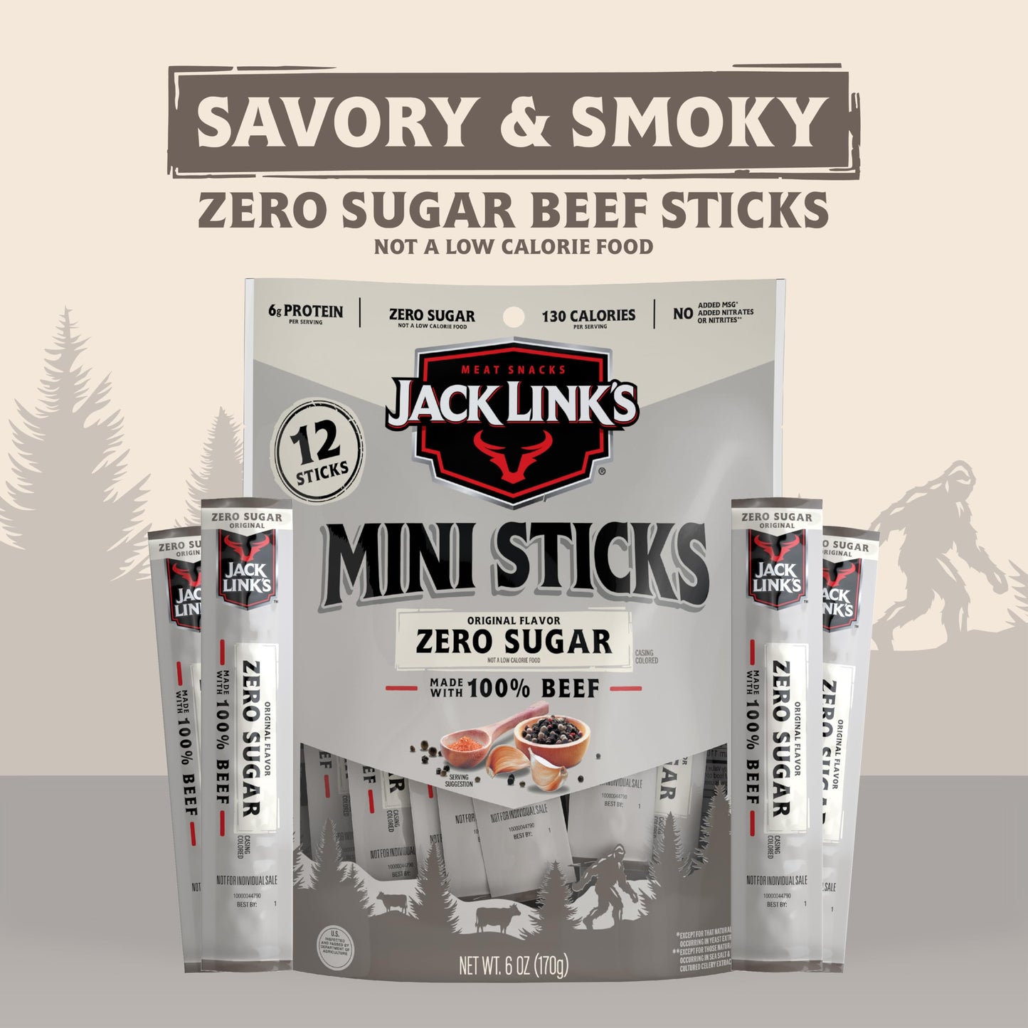 Jack Link'S Mini 100% Beef Sticks, Original Zero Sugar - 6G Of Protein Snacks, 65 Calories Per Stick, On The Go Snacking, Keto,