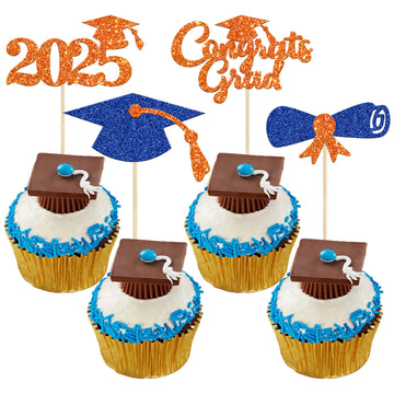 Gyufise 24Pcs Glitter 2025 Graduation Theme Cupcake Toppers Diploma Class of 2025 Graduation Cap Cupcake Picks for Class of 2025