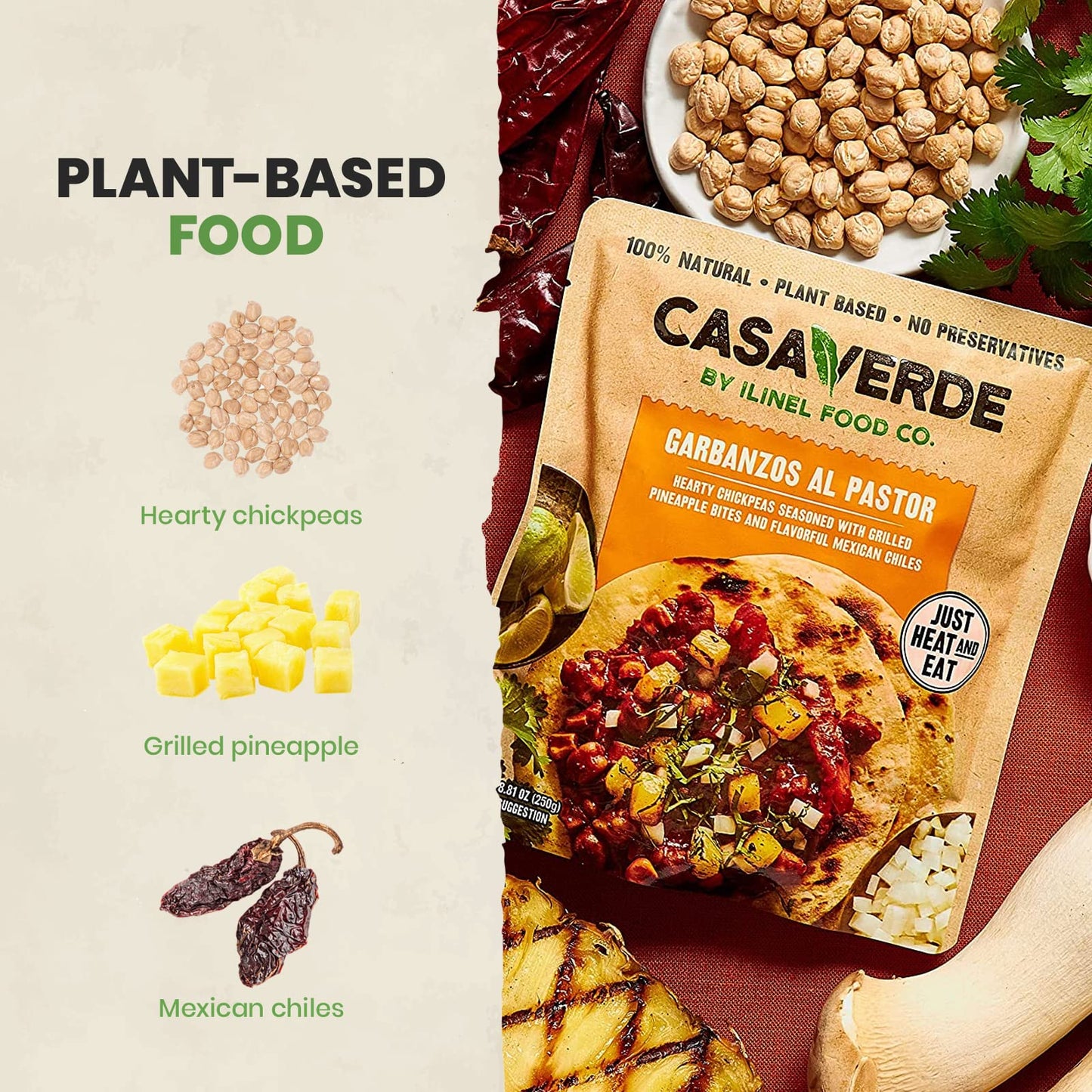 Casa Verde | Mexican Garbanzos Al Pastor, 100% Natural Food - Pack Of 6 - Real Taste | 100% Vegan & Non-Gmo, Plant-Based, No Pre