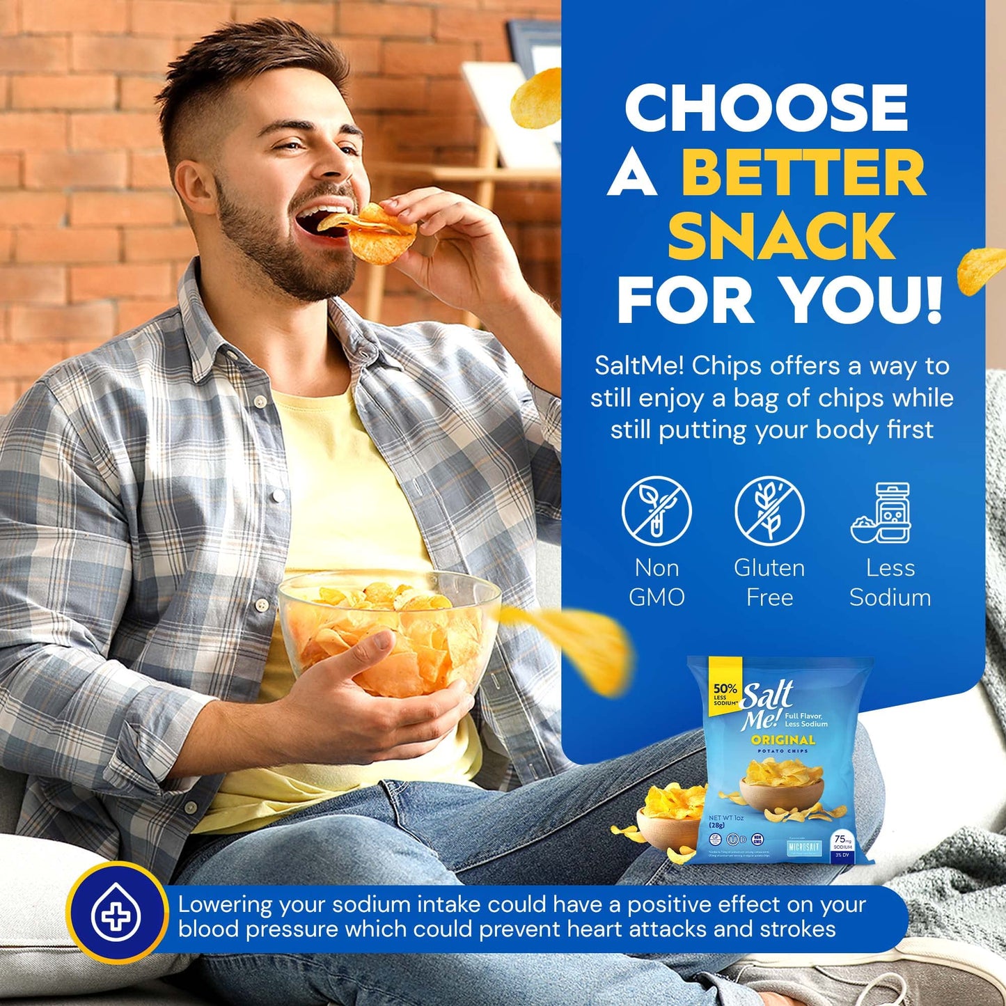Saltme! Original Better For You Potato Chips - 24Ct 1Oz Bags - 50% Less Sodium, Kosher, Healthier Snack Pack- Best Full Flavor, Non-Gmo, Gluten Free - Less Sodium, Same Flavor.