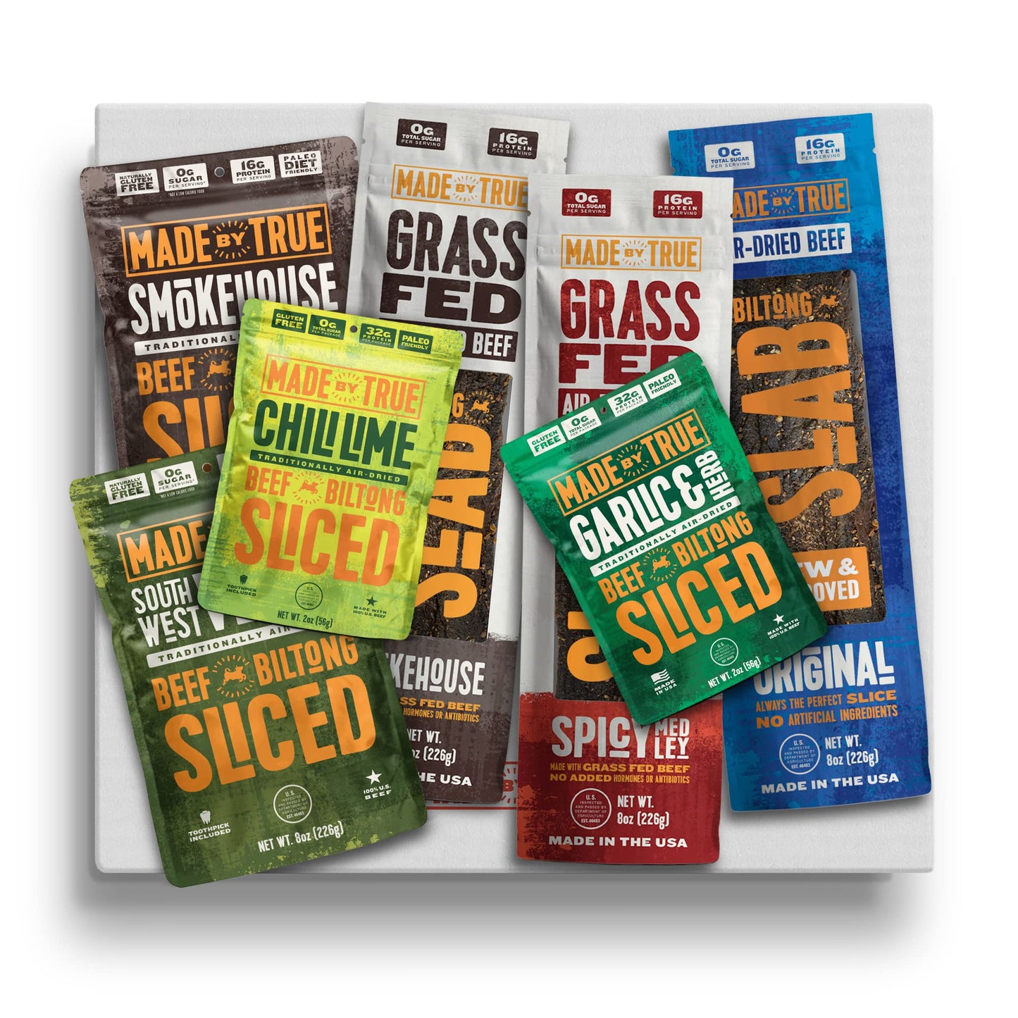 Made By True Beef Bites Holiday Gift Snack Box - Sliced And Slab Samplers (Case Of 7 Packs) - High Protein Natural Keto Jerky Sn