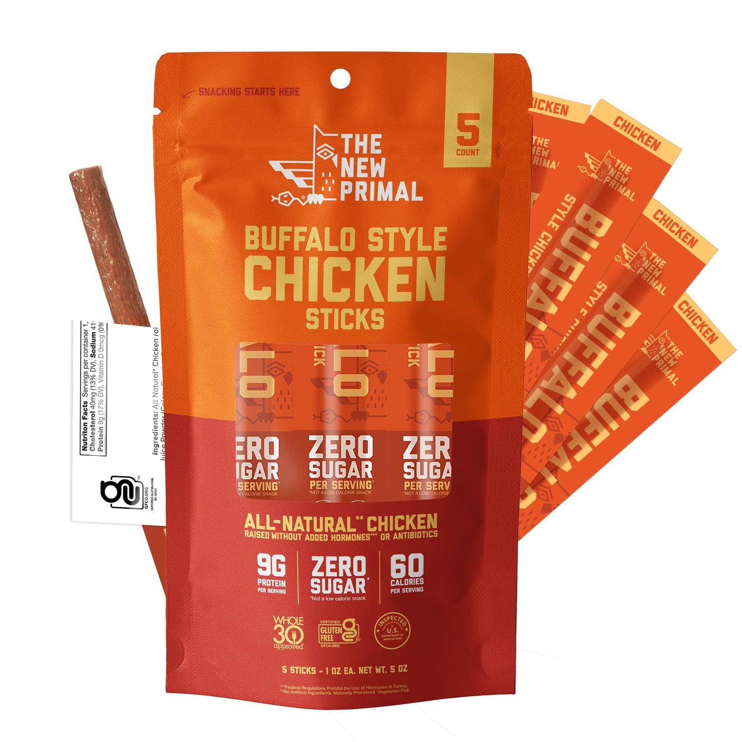 The New Primal Buffalo Chicken Sticks, Keto Friendly, Gluten Free, 9g Protein, 5 Pack, 1 Ounce Each