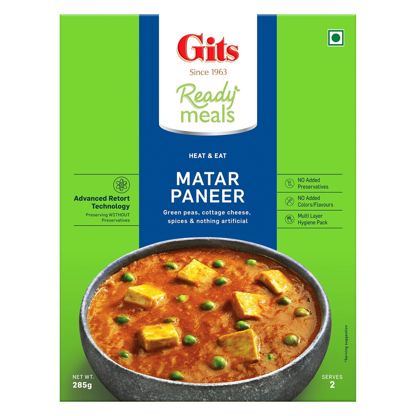 Gits Ready To Eat Matar Paneer, Pure Veg, Heat And Eat Spicy Curry, Microwaveable, 285G