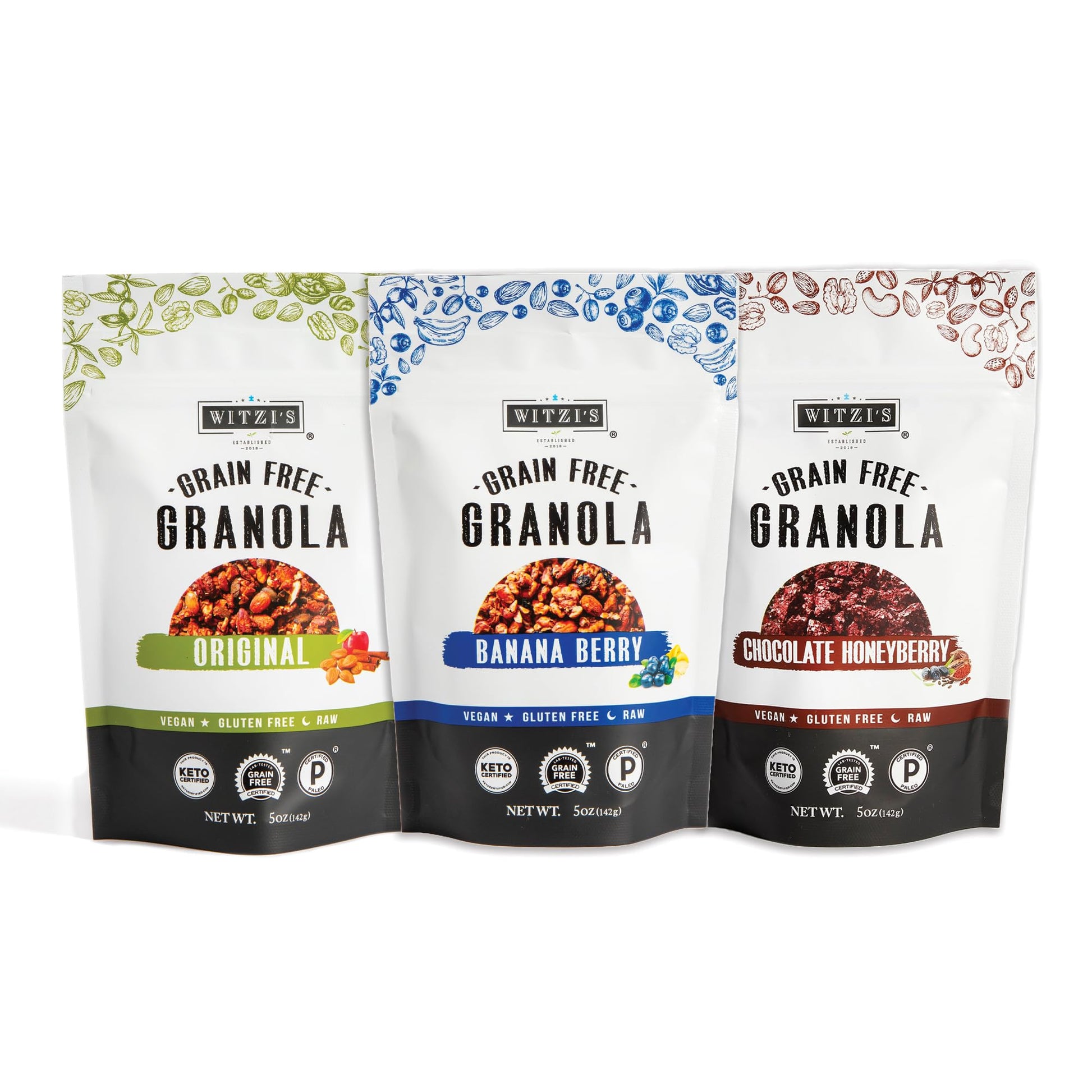 Witzi's Grain Free Granola, Variety Pack, 5oz (Pack of 3), Original, Banana Berry, Chocolate Honeyberry, Made with Almonds, Waln