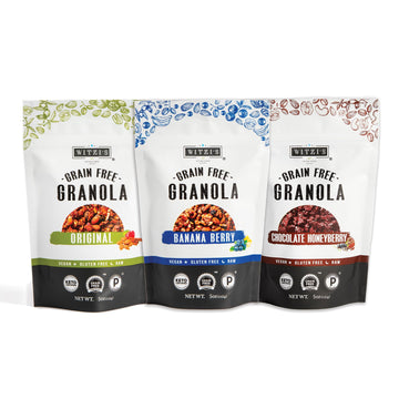 Witzi's Grain Free Granola, Variety Pack, 5oz (Pack of 3), Original, Banana Berry, Chocolate Honeyberry, Made with Almonds, Waln