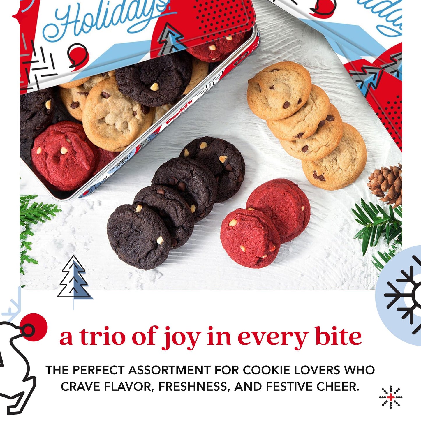 Davids Cookies Christmas Cookies Gift Box - Fresh Baked Assorted Mini Cookies in Winterwonderland Tin with Chocolate Chip, Whit