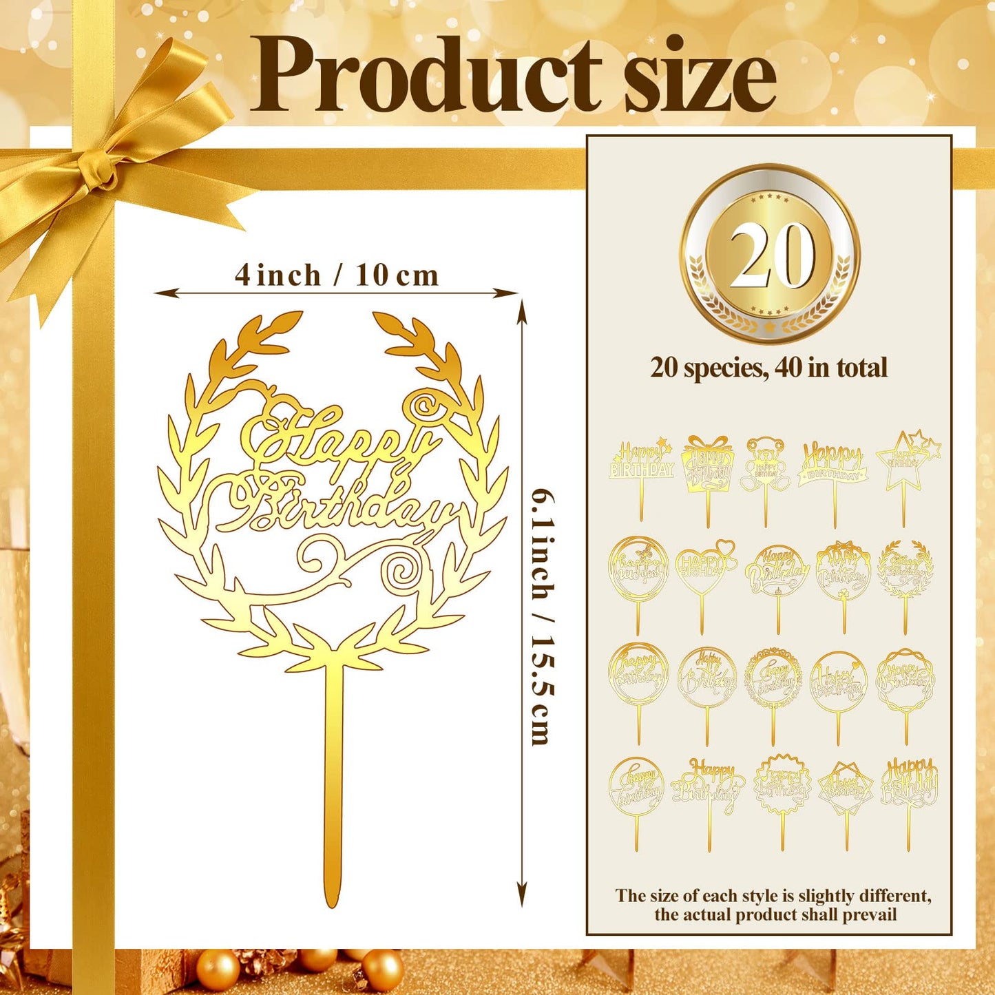 Macarrie 40 Pcs Birthday Cake Topper Set, Gold Acrylic Glitter Decor, 20 Different Shapes