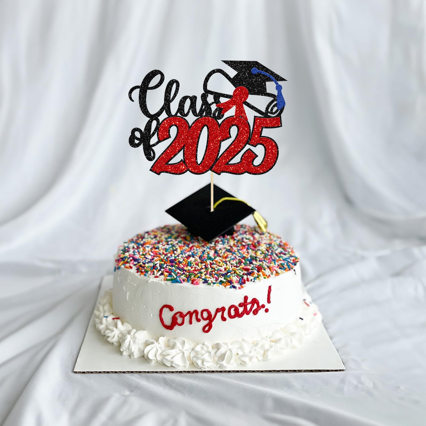 Gyufise 1 Pack Red Class Of 2025 Cake Topper Glitter Congrats Grad Cap Cake Pick 2025 Graduation Theme Party Cake Decorations