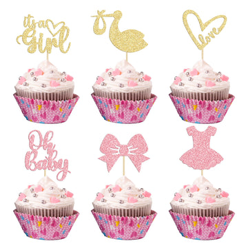 Gyufise 36 Pack Oh Baby Cupcake Toppers It'S A Girl Cupcake Toppers With Bow Dress Love Heart Glitter Cake Picks Decorations For