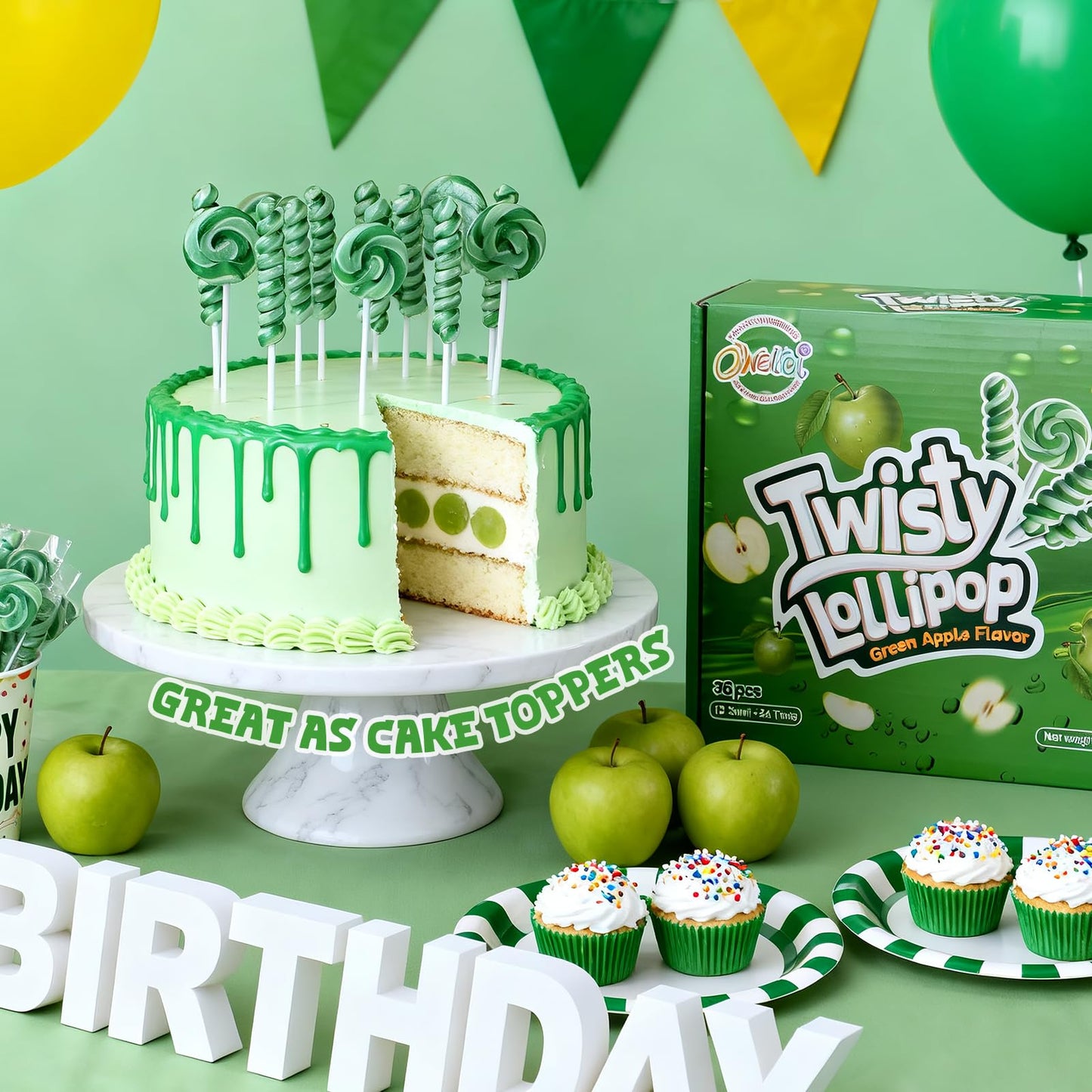 Green Twisty And Swirl Lollipops, Green Candy Individually Wrapped Bulk, St. Patricks Day Lollipops Suckers, Kids Lollipop For Birthday Party, Green Apple Flavor 36 Pack