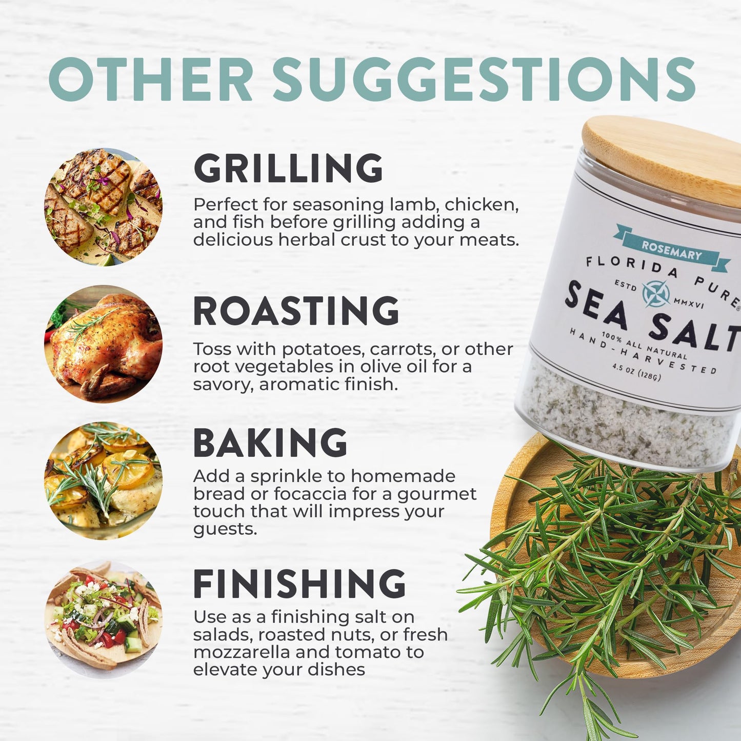 FLORIDA PURE Rosemary Sea Salt - 80+ Mineral Sea Salt, Natural, Unrefined, Non Iodized - for Baking, Cooking, Seasoning & Enhanc