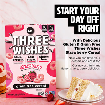 Plant-Based and Vegan Breakfast Cereal by Three Wishes - Strawberry, 4 Pack - More Protein and Less Sugar Snack - Gluten-Free, G