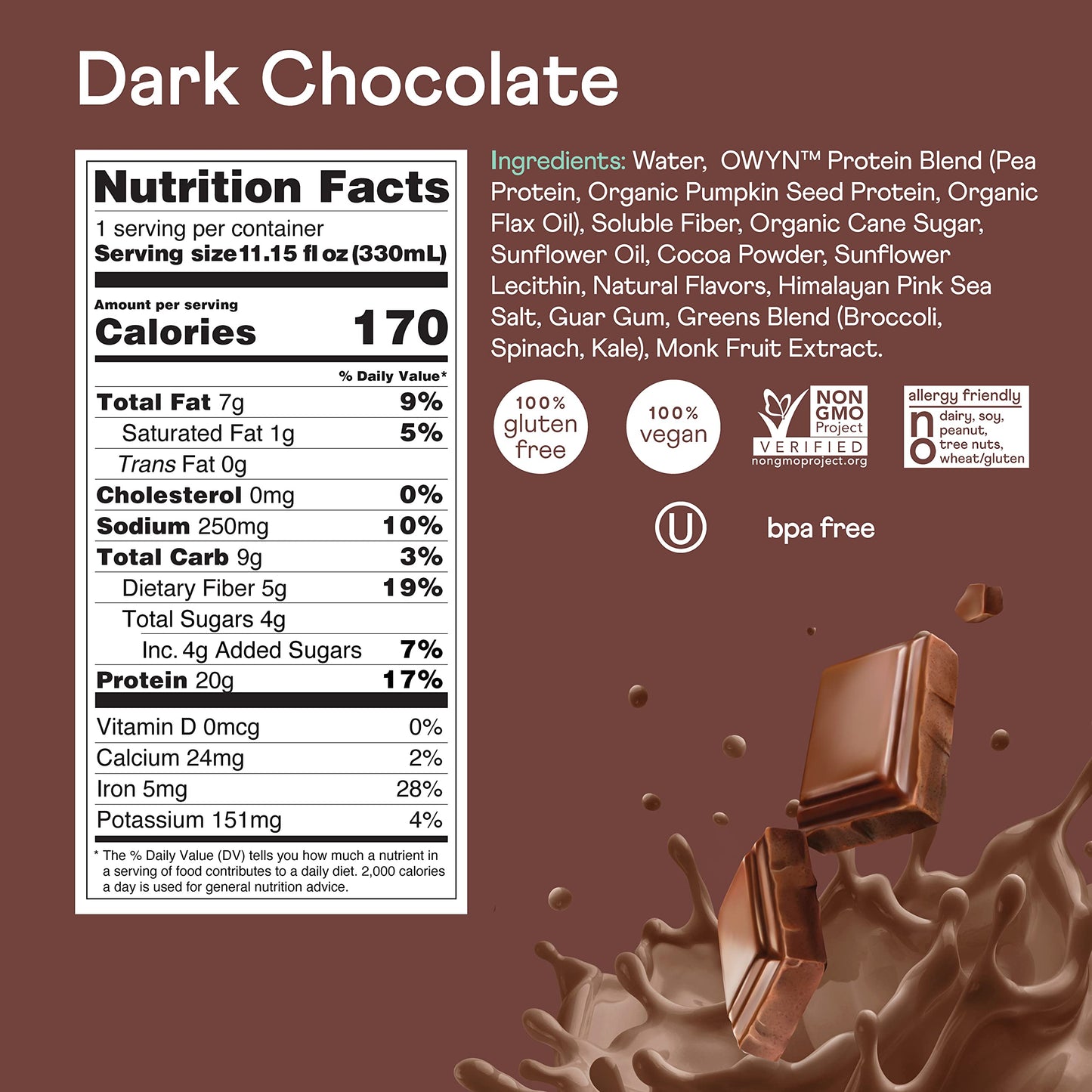 OWYN 20g Protein Shake, Chia Flax and Pea vegan protein blend with Prebiotics, Superfood Greens, gluten free, soy free. (Dark Ch