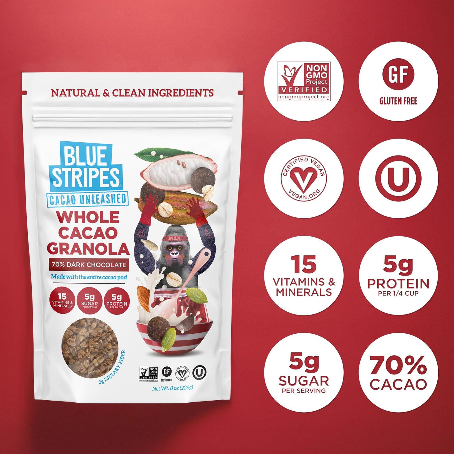 Blue Stripes Dark Chocolate Whole Cacao Granola, 8 Oz