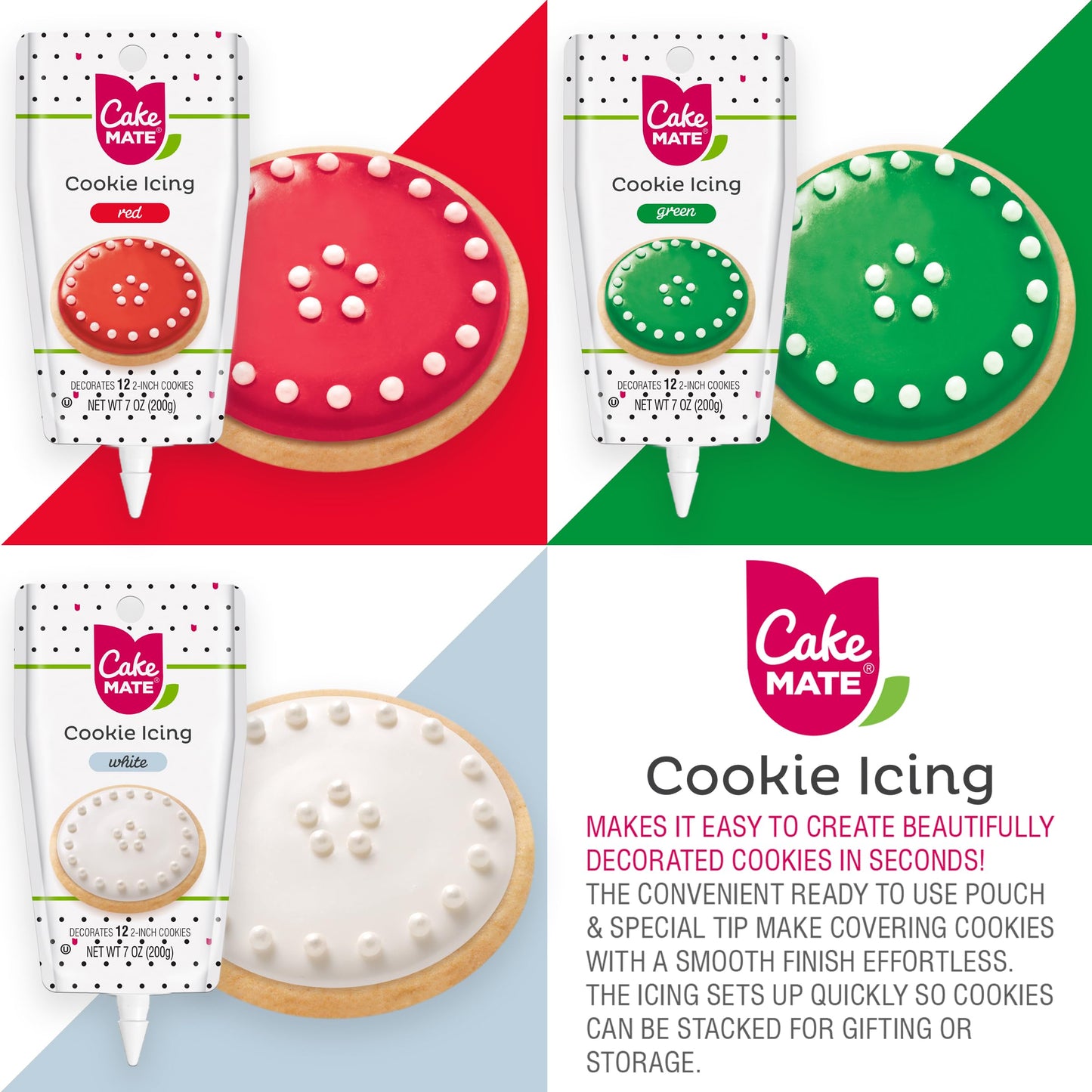 Cake Mate Cookie Icing Bundle – Red, White, Green Decorating Icing for Cakes and Cookies – 21 Ounces Total
