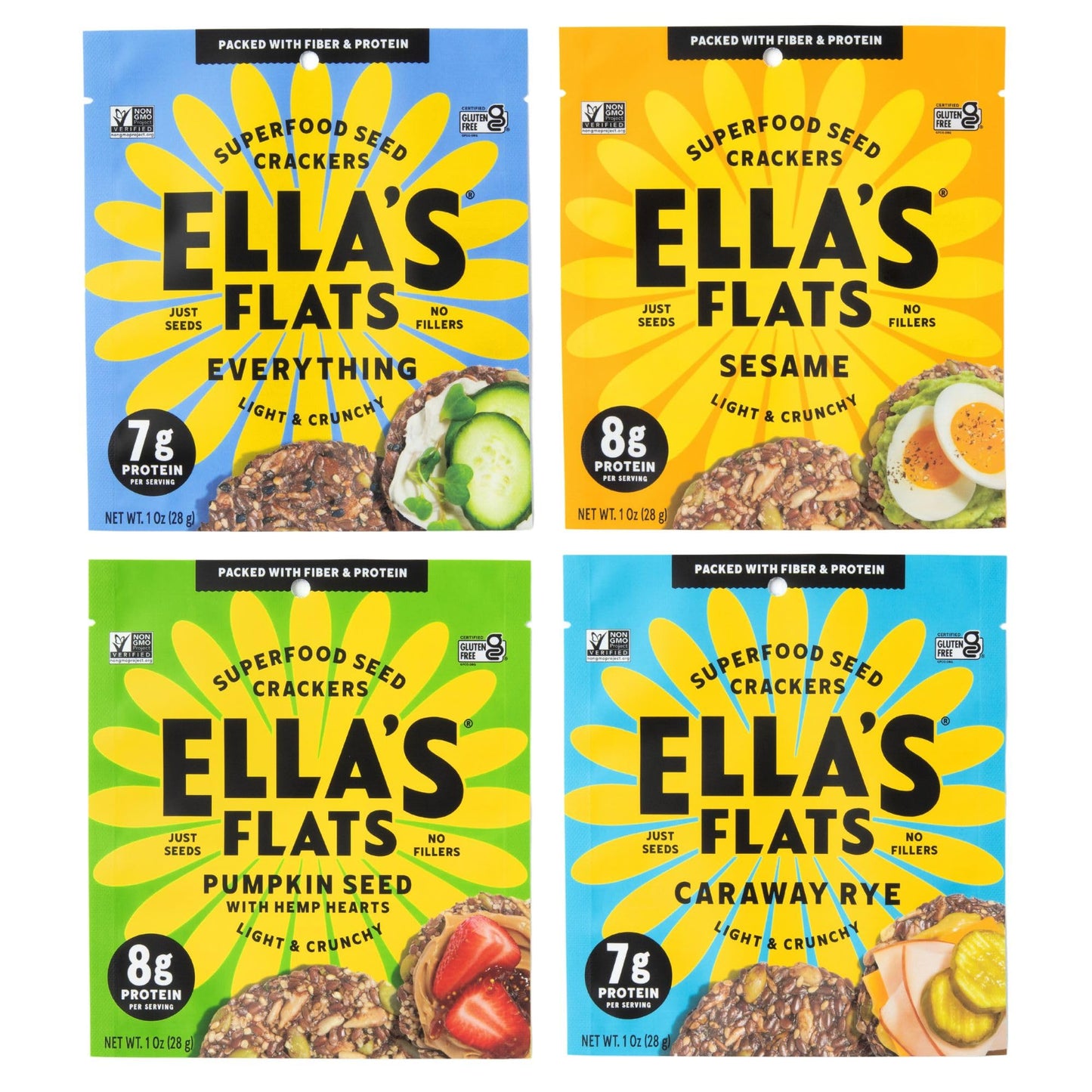 ELLAS FLATS Variety All Seed Savory Crisps - Gluten Free, Vegan, Keto Friendly, 20 Pack, 1 Ounce Each