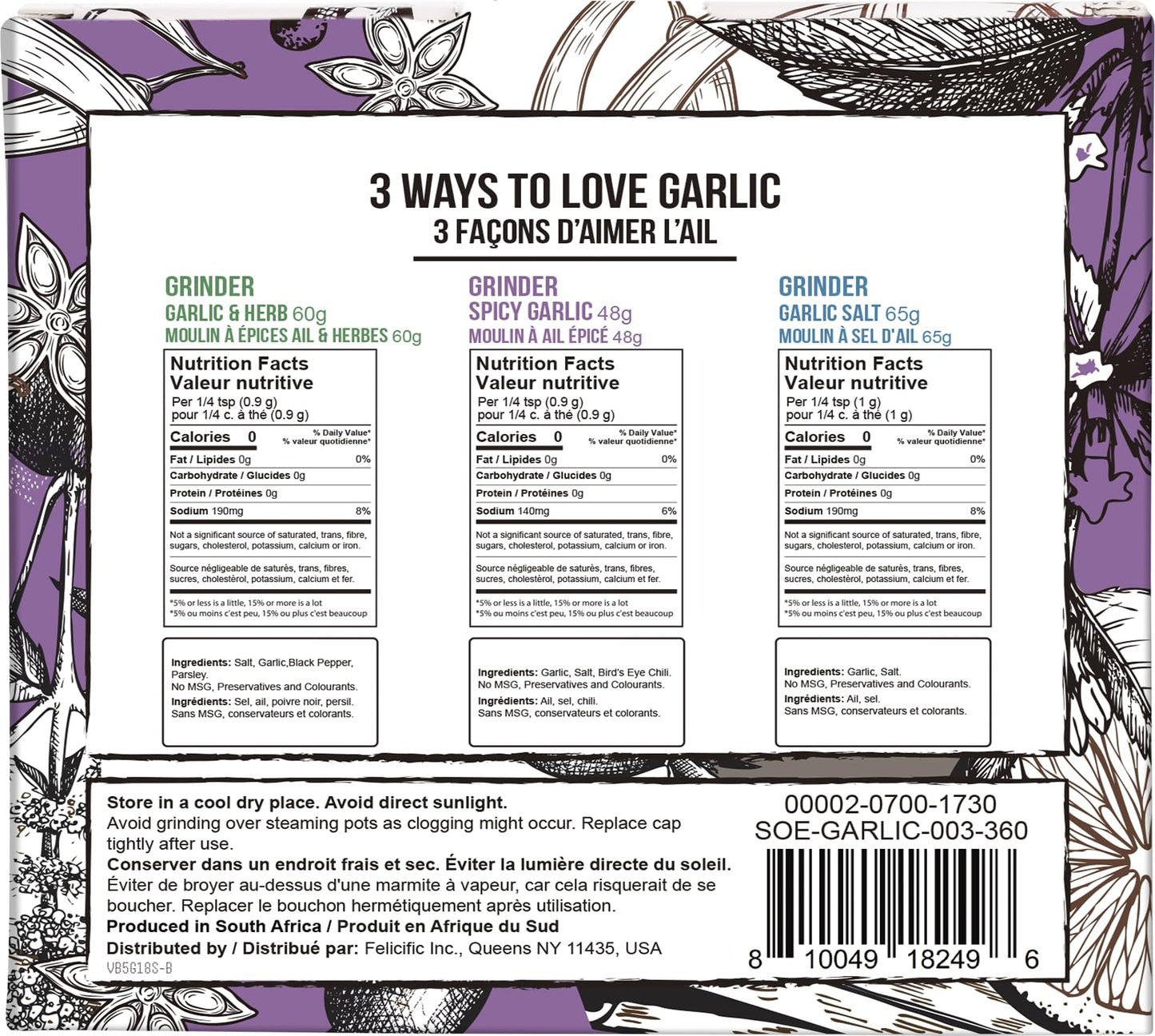 Soeos Spice Seasoning Set of 3 with Integrated Grinders, Spicy Garlic, Garlic & Herbs, Garlic Salt, Seasoning Gift Set.
