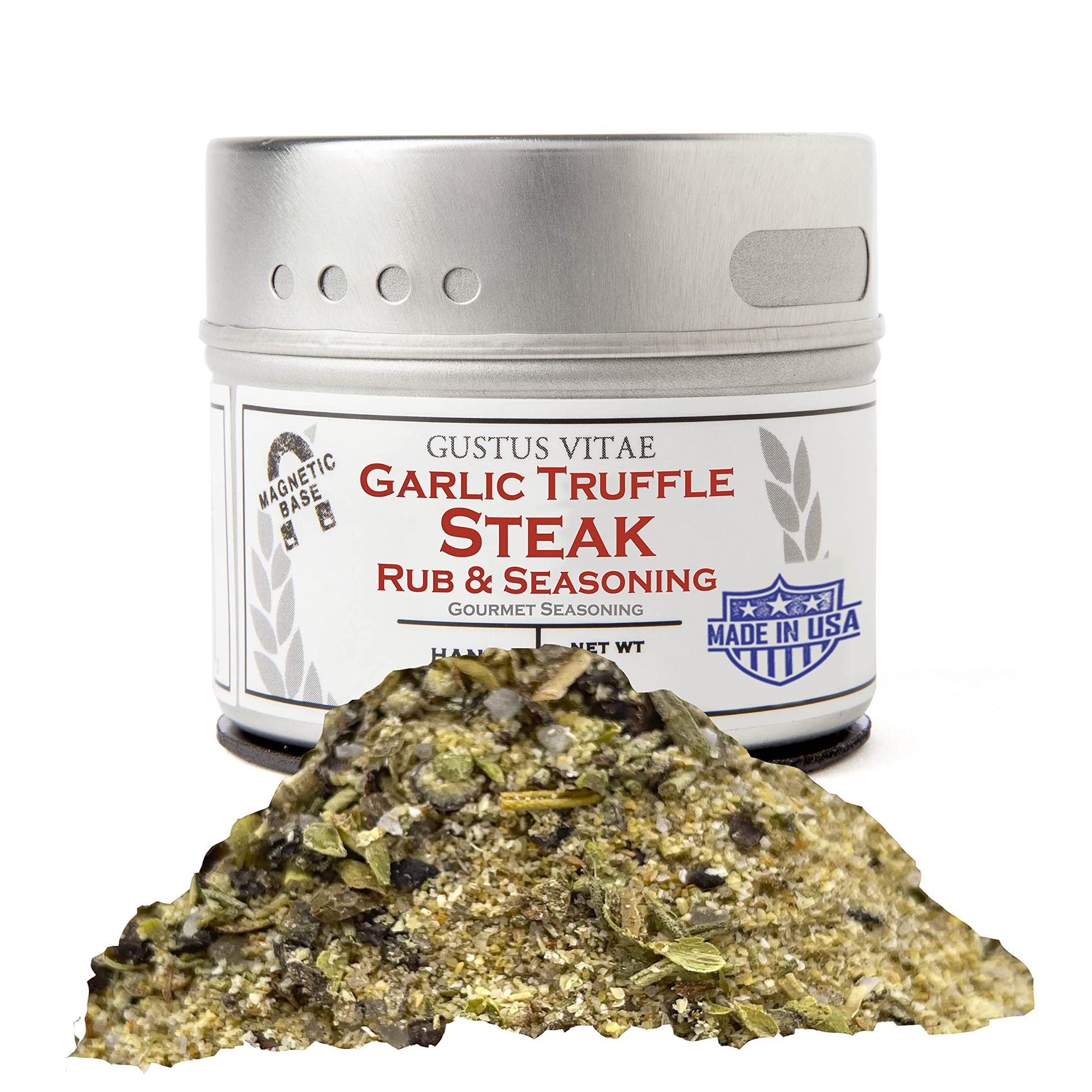 Gustus Vitae - Garlic Truffle Steak Rub - Non GMO - Magnetic Tin - 2 Ounce - Authentic Gourmet Seasoning & Artisanal Spice Blend