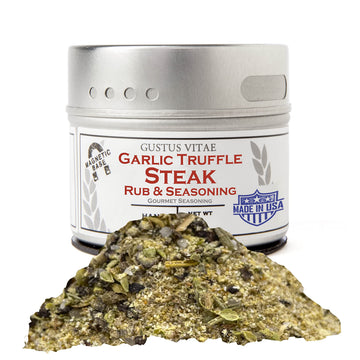 Gustus Vitae - Garlic Truffle Steak Rub - Non GMO - Magnetic Tin - 2 Ounce - Authentic Gourmet Seasoning & Artisanal Spice Blend