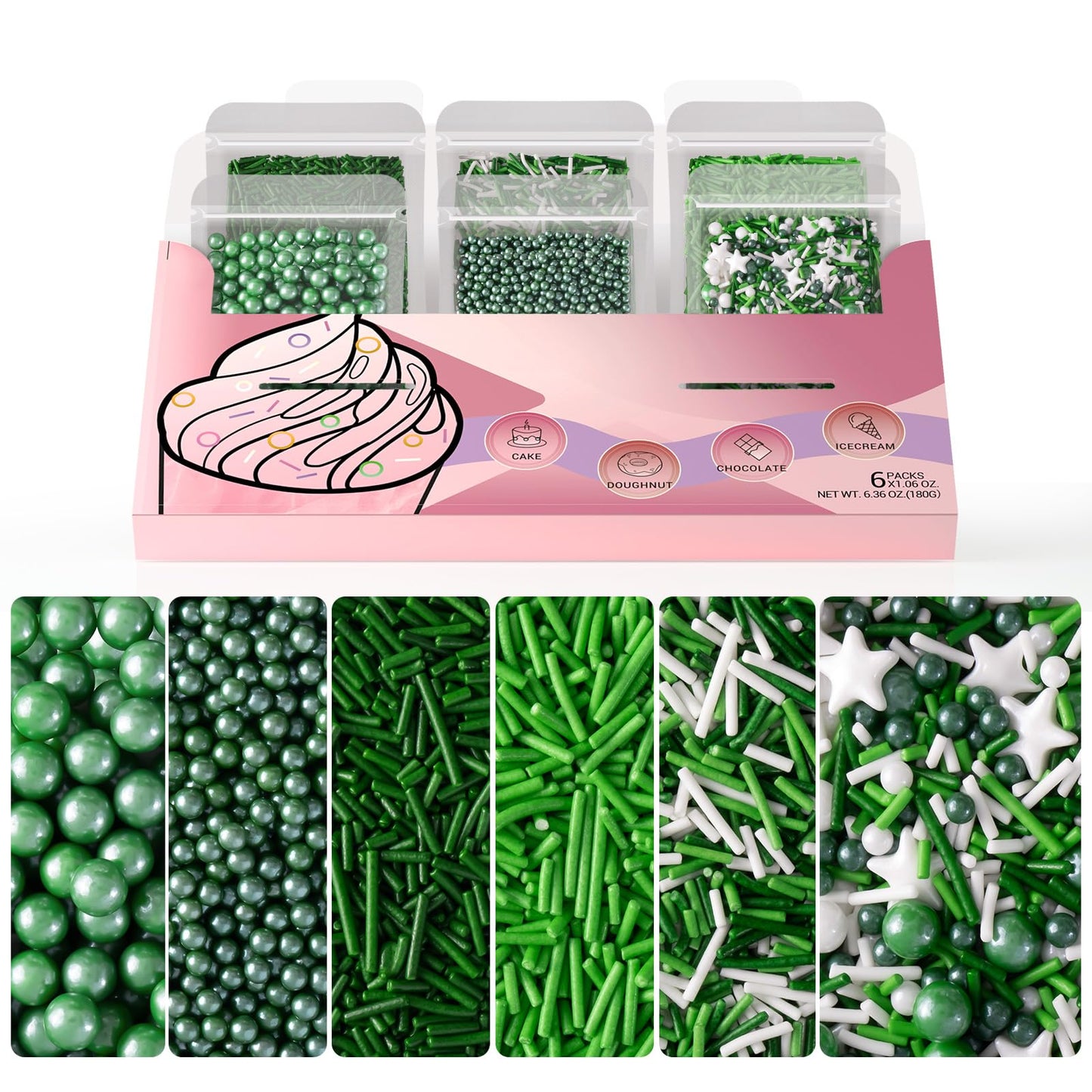 HUEBEATY 6-in-1 Edible Green Sprinkles for Cake & Cupcakes Decorating - Jimmies & Sugar Pearls - St. Patricks Day, Spring, Dinos