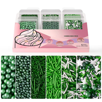HUEBEATY 6-in-1 Edible Green Sprinkles for Cake & Cupcakes Decorating - Jimmies & Sugar Pearls - St. Patricks Day, Spring, Dinos
