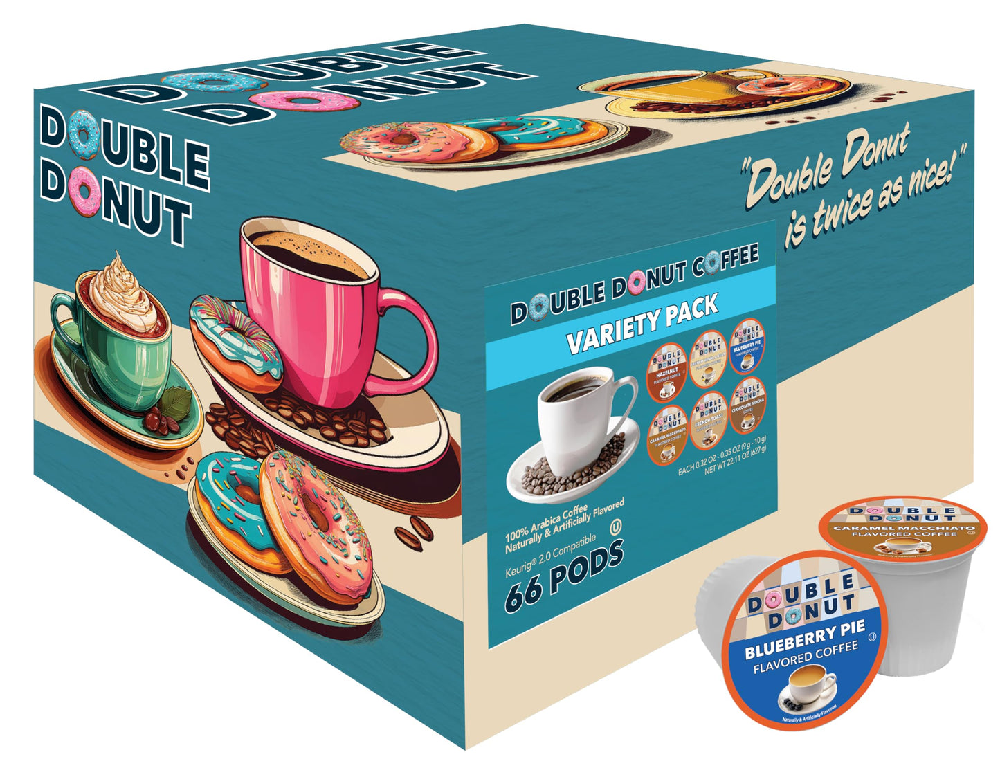 Double Donut Coffee Variety Pack Assorted Medium Roast, Dark Roast & Flavored Coffee In Recyclable Single Serve Cup, 66 Count