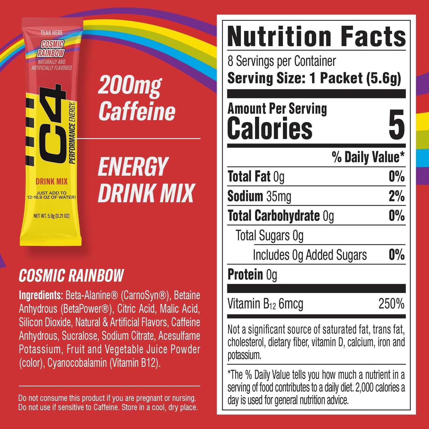 C4 Performance Energy  Cosmic Rainbow  200mg Caffeine  Zero Sugar  NSF (2 Boxes  16 Sticks)