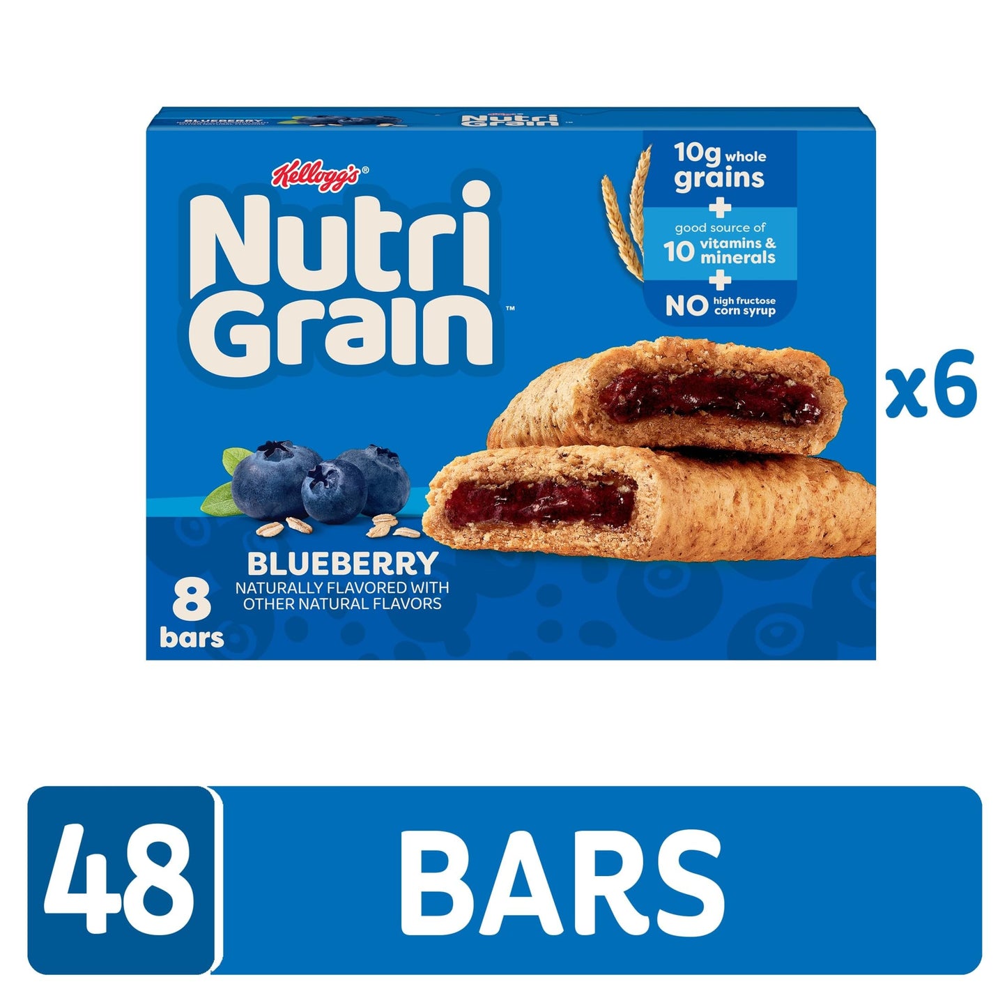 Nutri-Grain Soft Baked Breakfast Bars, Kids Snacks, Whole Grain, Blueberry (6 Boxes, 48 Count)