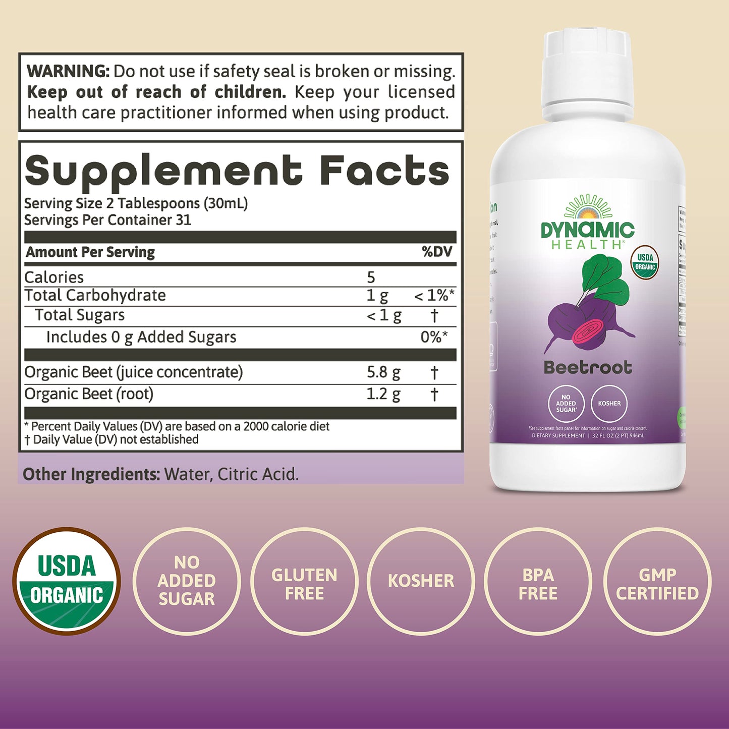 Dynamic Health Organic Beetroot Juice Concentrate, 32 oz, No Added Sugar, Gluten-Free, BPA-Free, Model 6563284