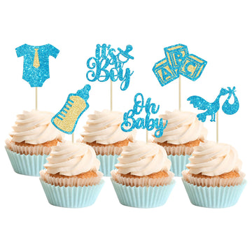 Gyufise 24Pcs Baby Shower Oh Baby Cupcake Toppers It'S A Boy Cupcake Picks Glitter Tie Onesie Baby Bottle Cake Picks Decorations