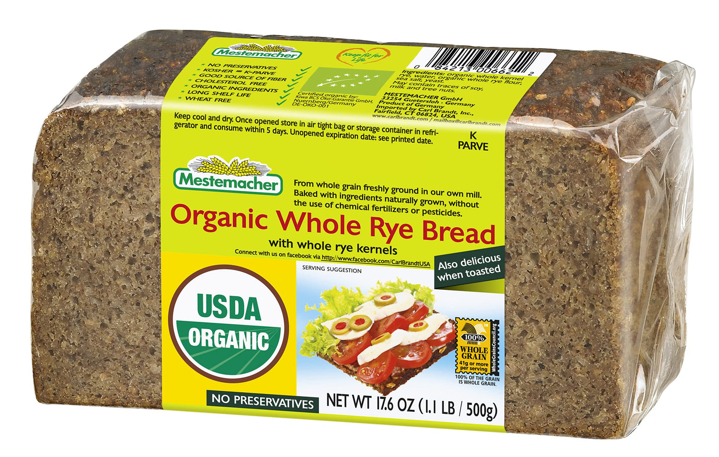 Mestemacher Whole Grain Bread (Organic Whole Rye, 17.6 Oz, Pack Of 2)